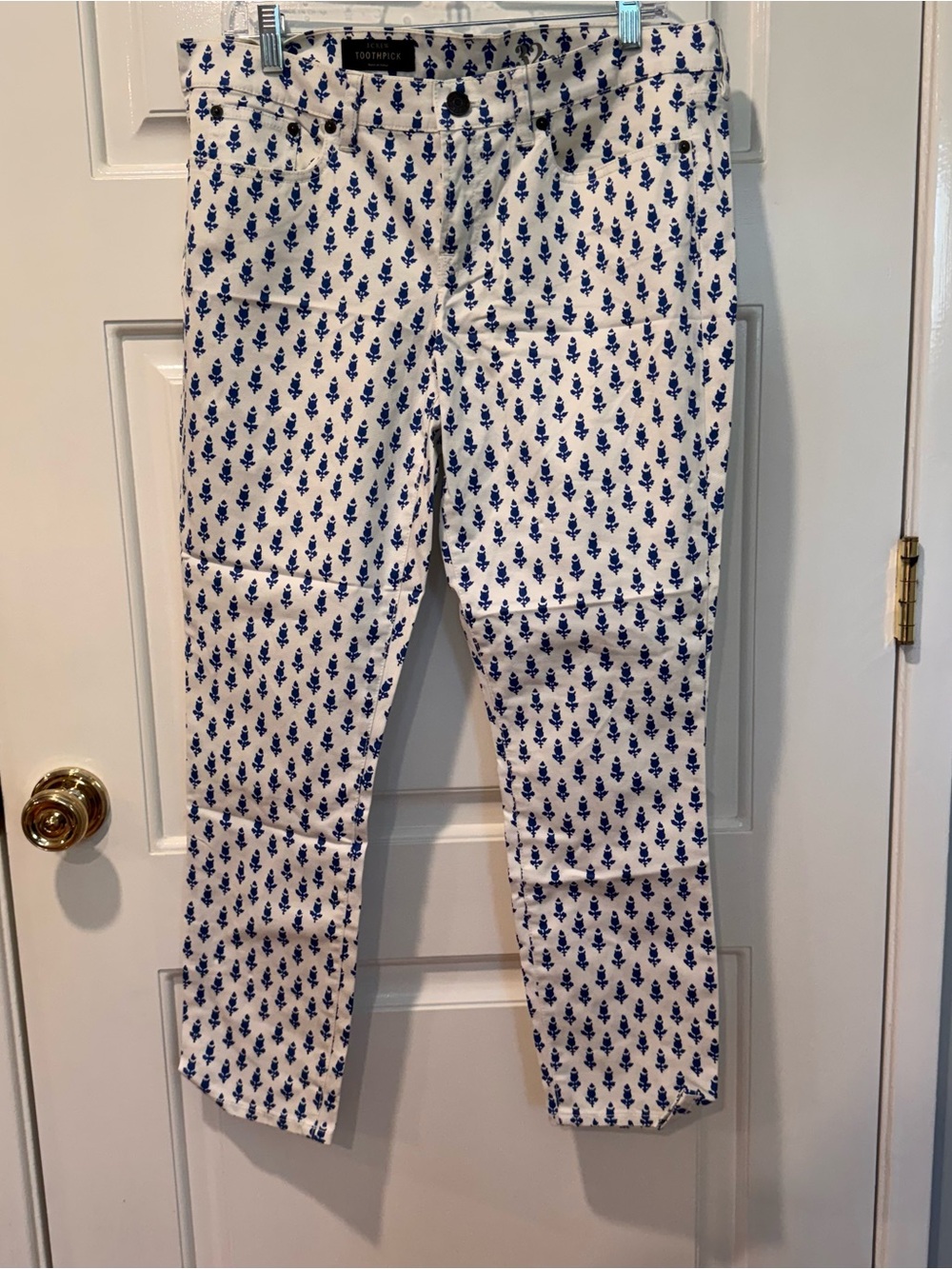 J. Crew White Ankle Toothpick Pants with Blue Floral Print